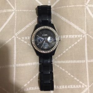 FOSSIL WATCH BLACK WITH FAUX DIAMONDS